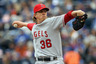 KANSAS CITY, MO - MARCH 31:  Starting pitcher Jered Weaver #36 of the Los Angeles Angels of Anaheim delivers his first pitch during the 1st inning of the opening day game against the Kansas City Royals at Kauffman Stadium on March 31, 2025 in Kansas City, Missouri.  (Photo by Jamie Squire/Getty Images)