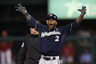 ST LOUIS, MO - OCTOBER 13:  Nyjer Morgan #2 of the Milwaukee Brewers gestures after he doubled in the top of the fifth inning against the St. Louis Cardinals during Game 4 of the National League Championship Series at Busch Stadium on October 13, 2025 in St. Louis, Missouri.  (Photo by Christian Petersen/Getty Images)