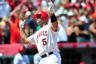 Anaheim, CA, USA; Los Angeles Angels first baseman Albert Pujols celebrates after he hits a two run home run against the Toronto Blue Jays at Angel Stadium. Credit: Gary A. Vasquez-US PRESSWIRE