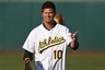 Scott Hatteberg is introduced during a ceremony honoring the 2002 Oakland Athletics 20 game win streak before the game against the Cleveland Indians at O.co Coliseum in Oakland, California. (Photo by Jason O. Watson/Getty Images)
