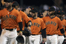 San Francisco, CA, USA; San Francisco Giants third baseman Marco Scutaro and teammates celebrate after the win against the Los Angeles Dodgers at AT&T Park. The San Francisco Giants defeated the Los Angeles Dodgers 5-2. Credit: Kelley L Cox-US PRESSWIRE