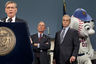 NEW YORK, NY -  (L to R) Baseball Commissioner Allan "Bud" Selig speaks as New York City Mayor Bloomberg, Mets Chairman and CEO Fred Wilpon and New York Mets' mascot Mr. Met listen during a press conference.  (Photo by Allison Joyce/Getty Images)